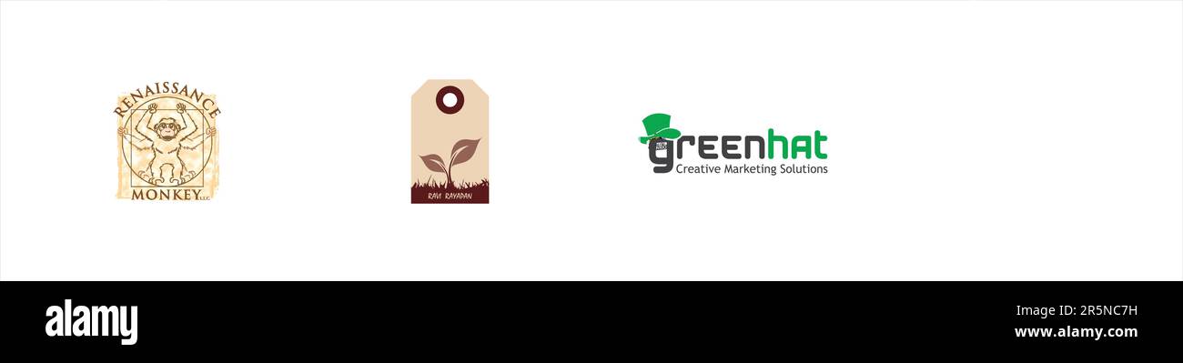 RAVI TAG logo, Green Hat logo, renaissance monkey Logo, Wintel Warriors Logo, Editorial vector logo on white paper. Stock Vector