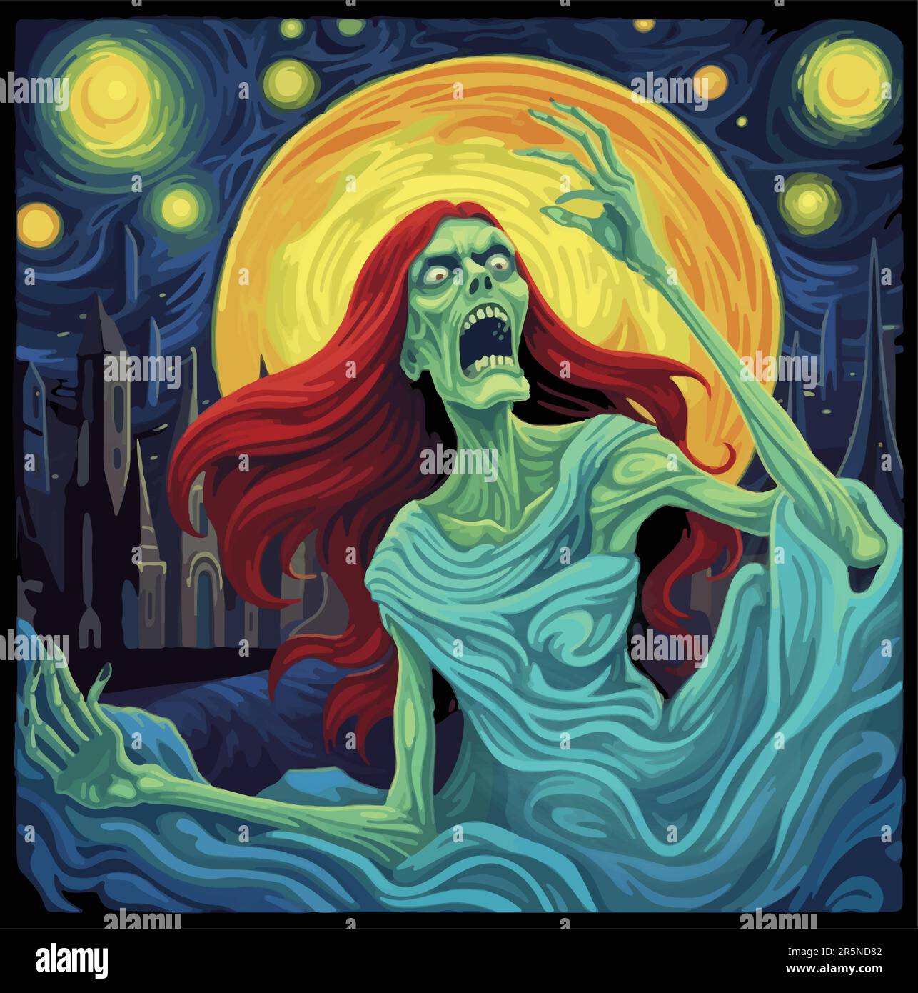 Conceptual drawing of a banshee, Irish folklore, night with stars and