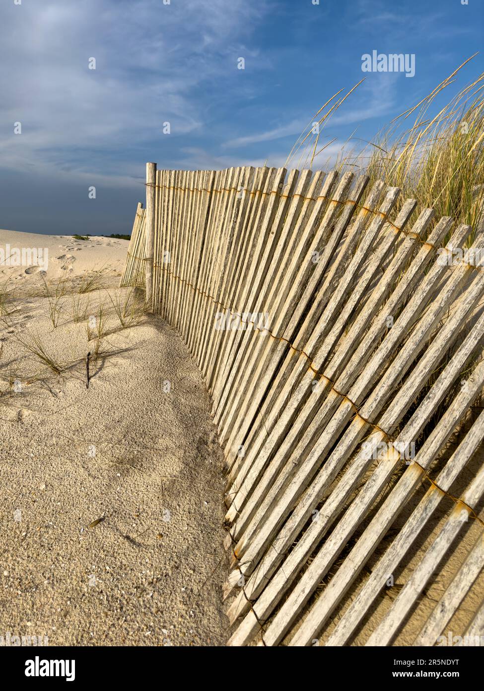 Wood sand dunes protection fence on Furadouro beach, Ovar - Portugal. Stock Photo