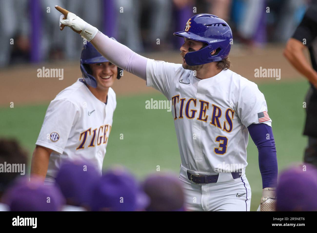 Baton Rouge, LA, USA. 4th June, 2023. LSU's Dylan Crews (3) celebrates