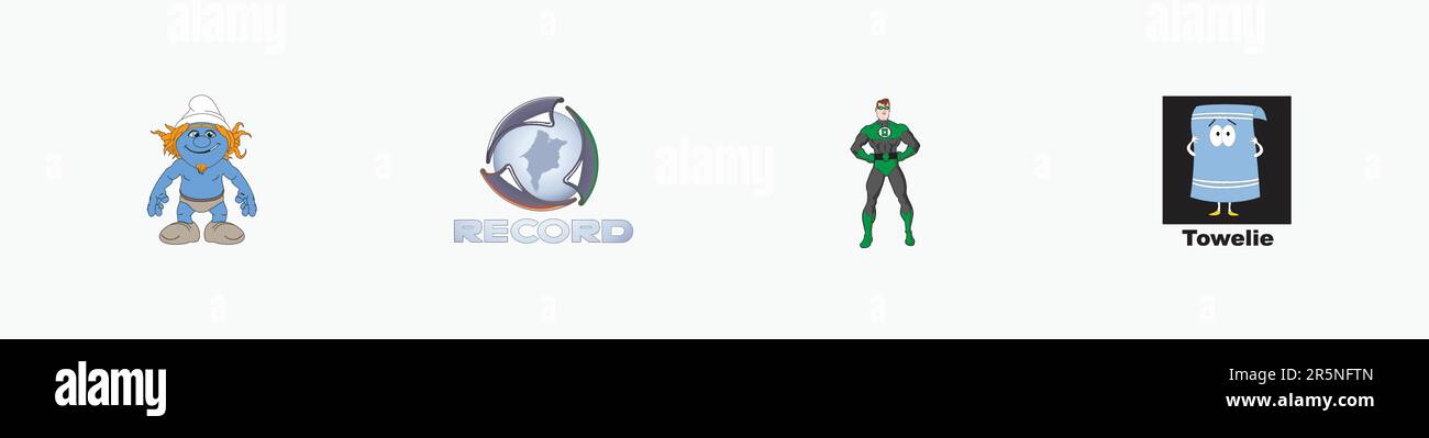 Green Lantern Film logo, Rede Record logo, Southpark logo, Smurf Hackus Logo, Editorial vector logo on white paper. Stock Vector