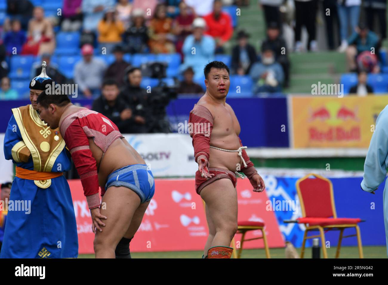 Mongolian wrestling, known as Bökh, is the folk wrestling style of Mongols in Mongolia. Stock Photo