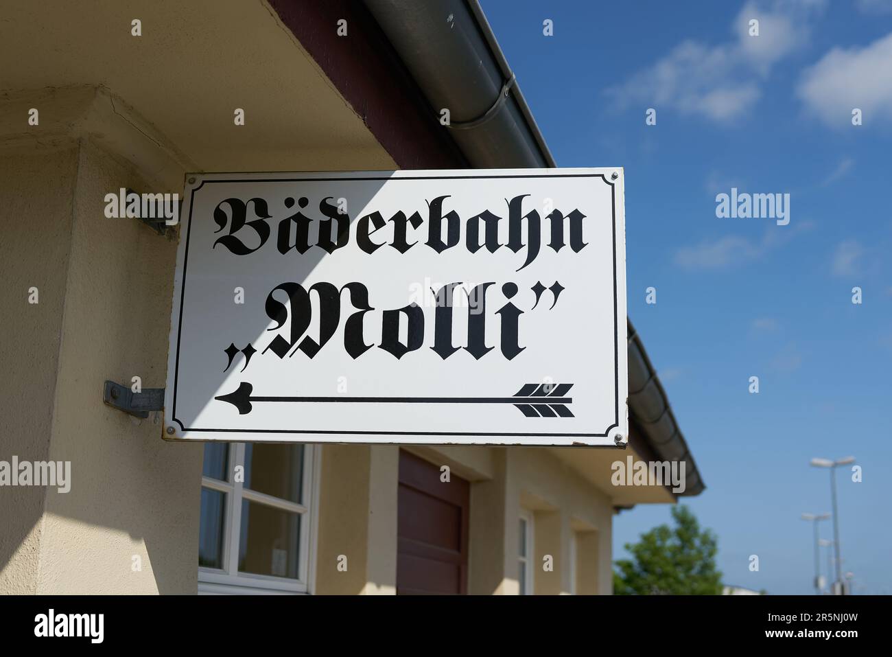 Sign for the historic Passenger train Bäderbahn Molli in the train station of Bad Doberan in Germany Stock Photo