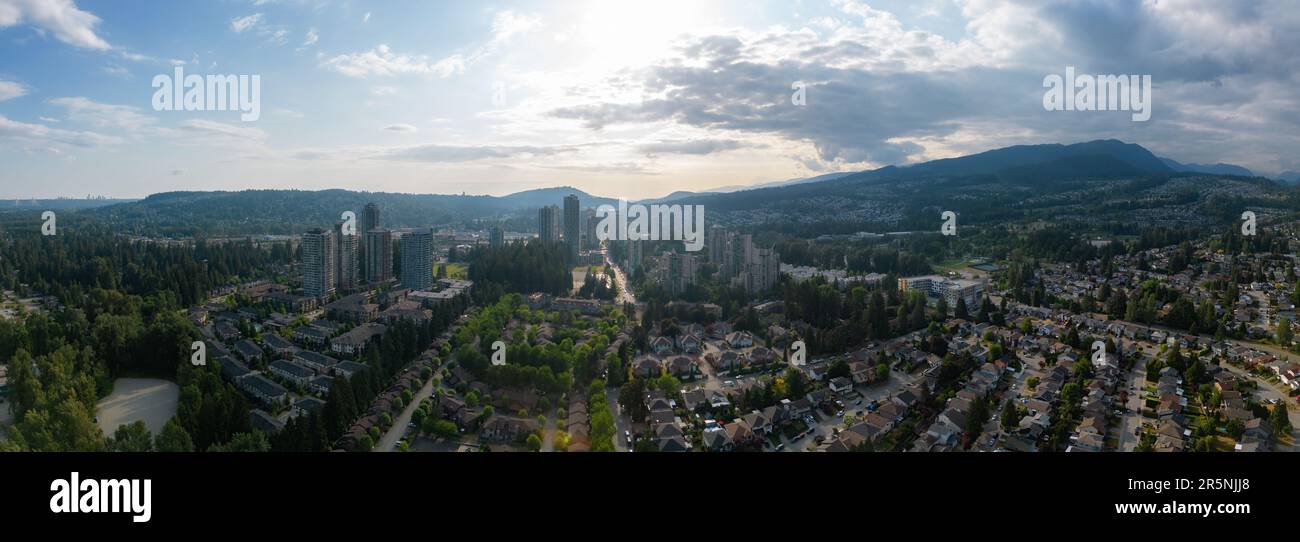 Aerial Panoramic View of Coquitlam Town Centre and Residential Homes Stock Photo