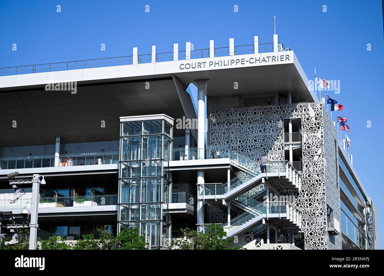 Paris, France. 04th June, 2023. General illustration view from exterior of center court Philippe Chatrier during the French Open, Grand Slam tennis tournament on June 4, 2023 at Roland Garros stadium in Paris, France. Credit: Victor Joly/Alamy Live News Stock Photo