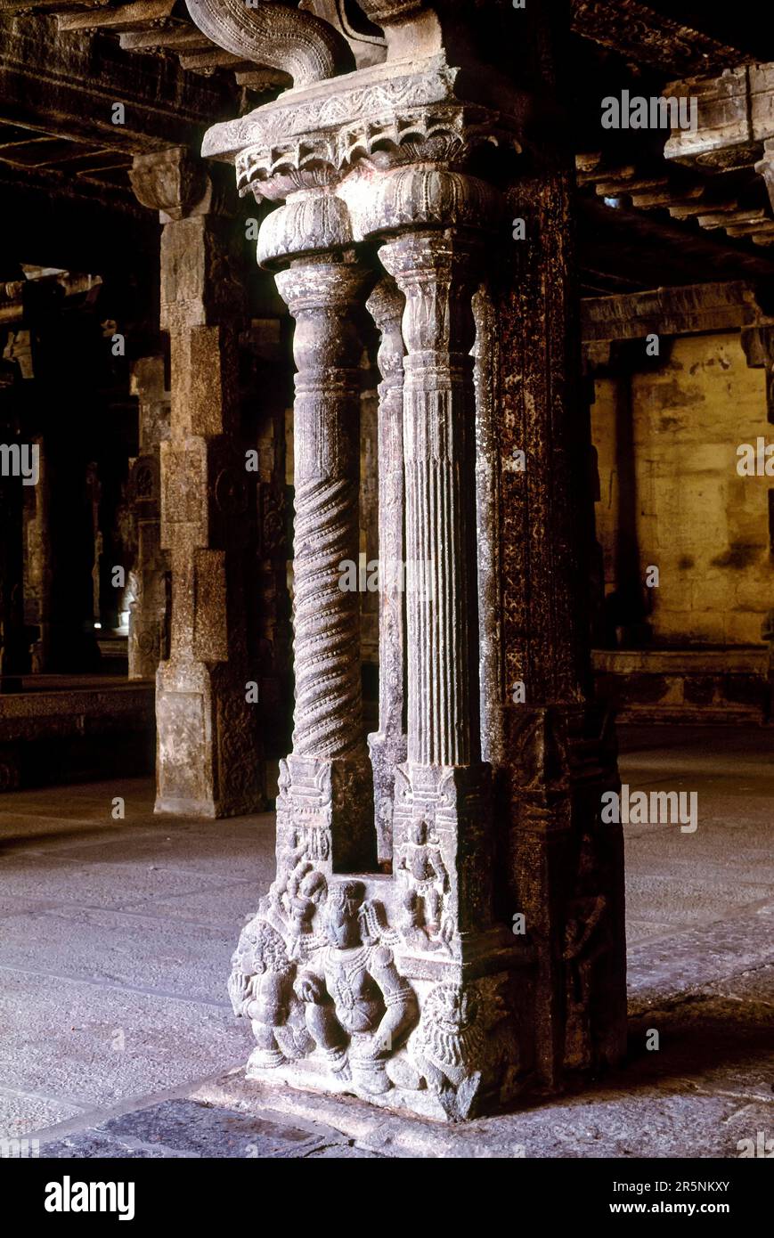 Finely chiseled pillar in Aathmanatha Swamy Temple at Avudaiyarkoil near Pudukkottai Tamil Nadu, South India, India, Asia Stock Photo