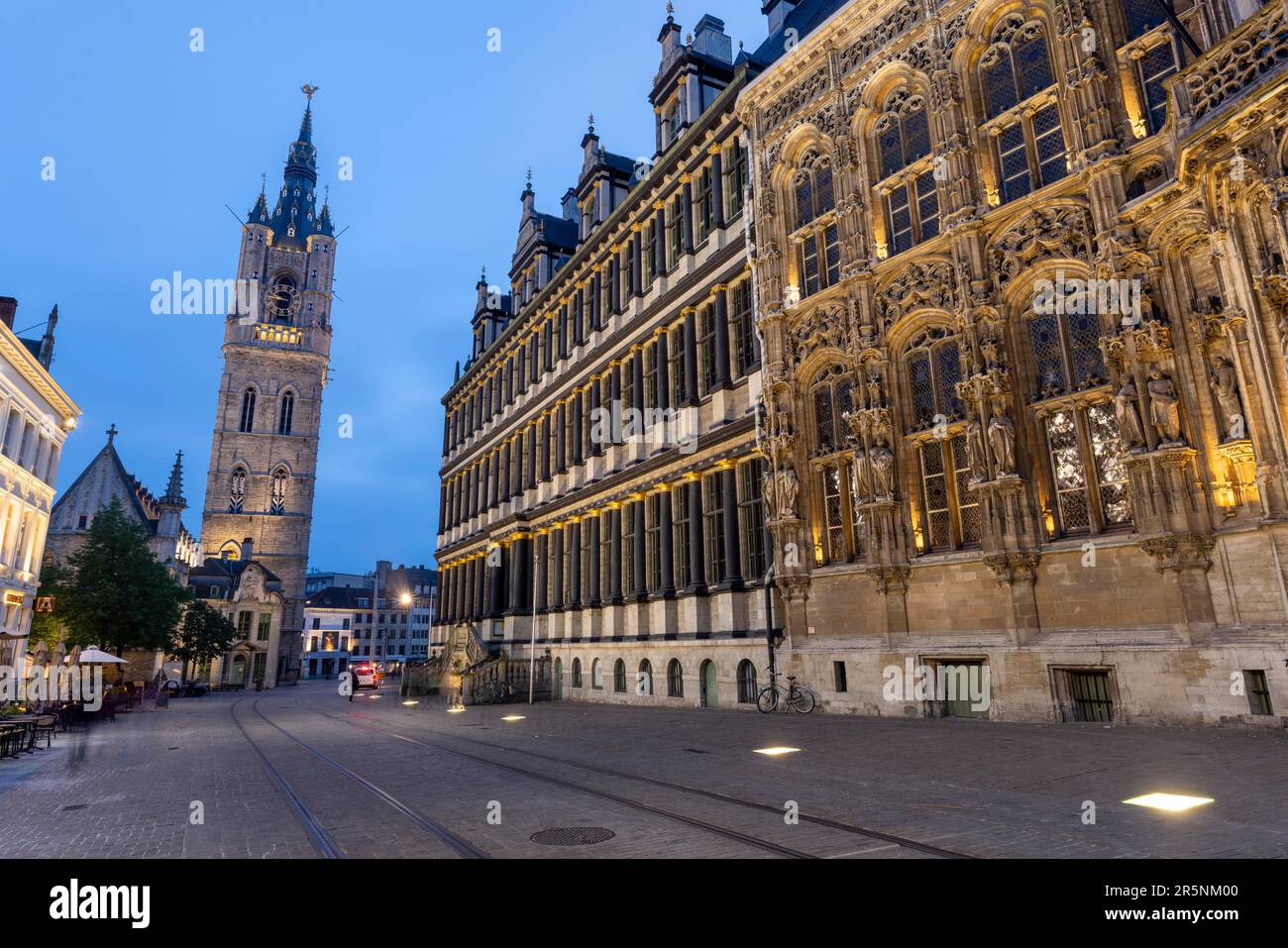 Evening atmosphere in the pedestrian zone, on the right Stadhuis, City Hall, in the back Het Belfort, Belfry, Ghent, Belgium Stock Photo