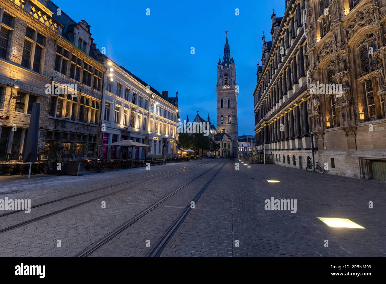 Evening atmosphere in the pedestrian zone, on the right Stadhuis, City Hall, in the back Het Belfort, Belfry, Ghent, Belgium Stock Photo