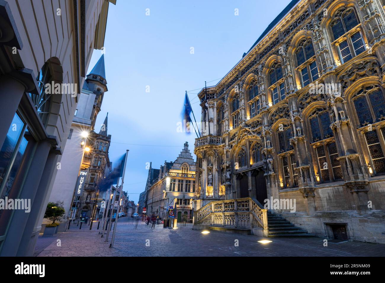 Evening atmosphere in the pedestrian zone, on the right Stadhuis, City Hall, Belfry, Ghent, Belgium Stock Photo