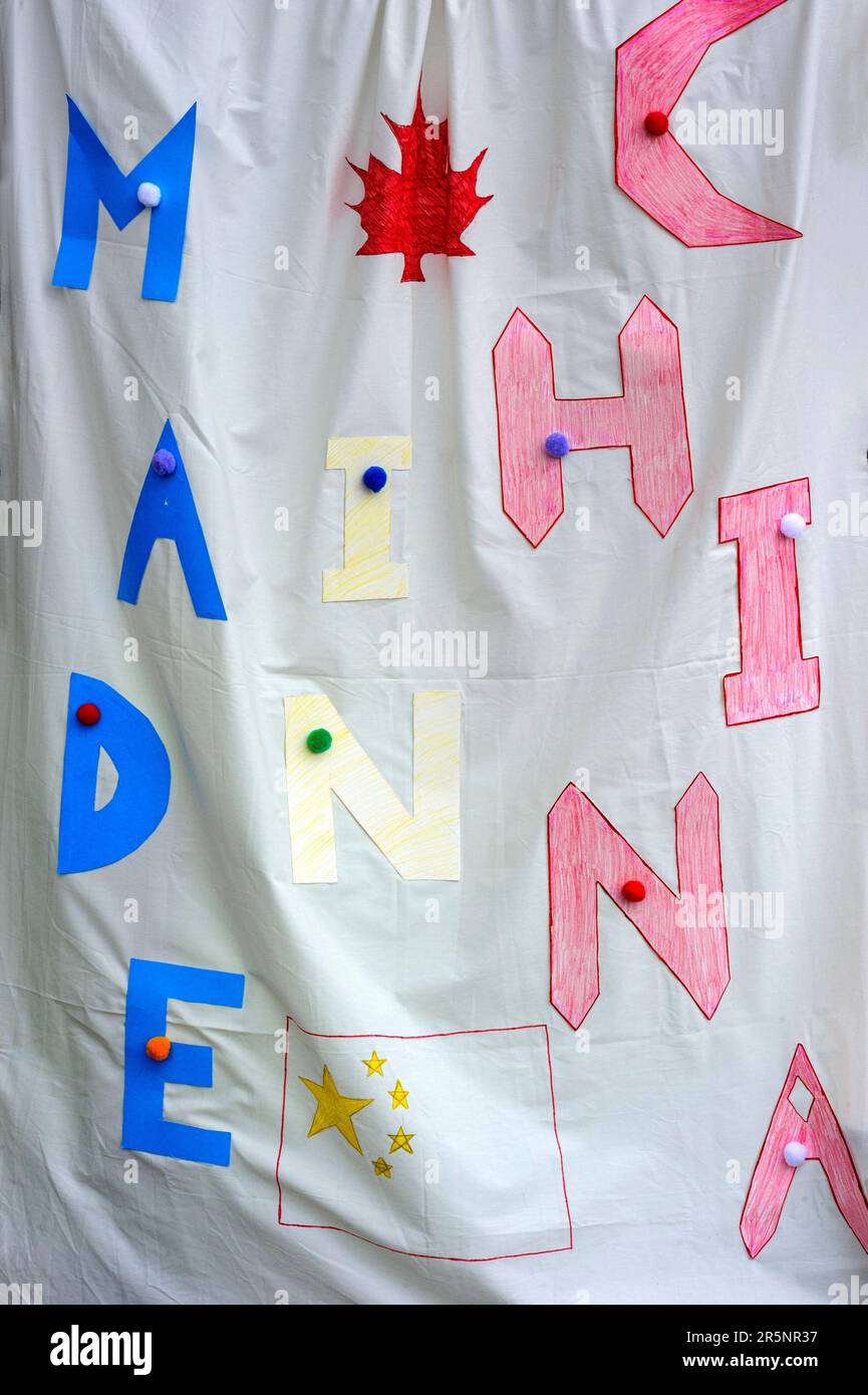 A homemade banner celebrating the trade between the two countries, Canada and China. Products that are made in China Stock Photo