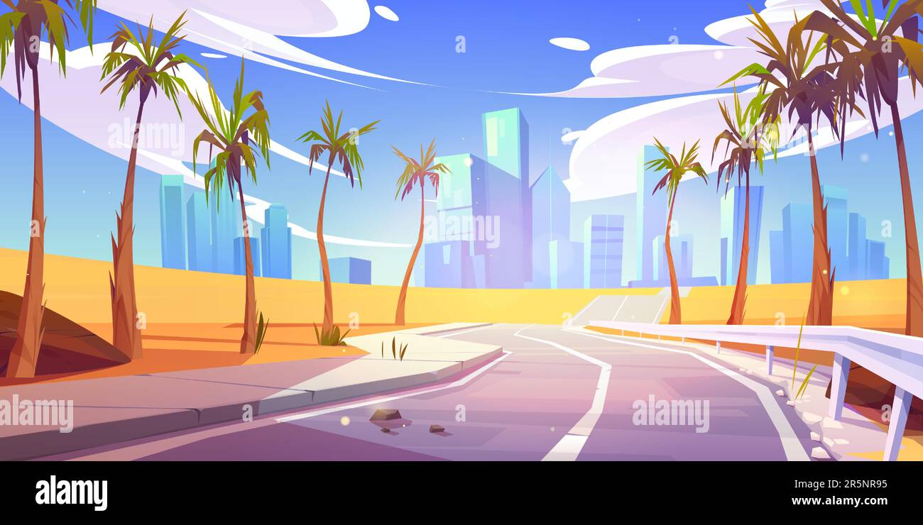 Empty desert road to city building futuristic vector background. Urban