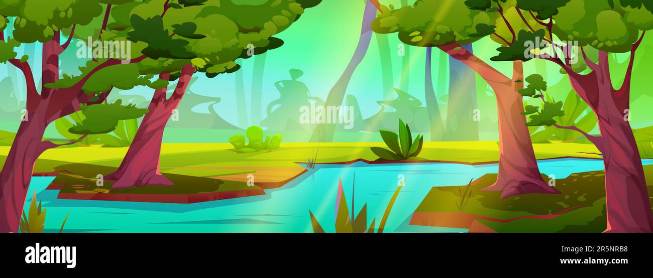 River in jungle forest vector tropical landscape background. Flowing stream water cartoon nature illustration with green grass and wild amazon scenery. Rainforest game scene design with sun beam Stock Vector