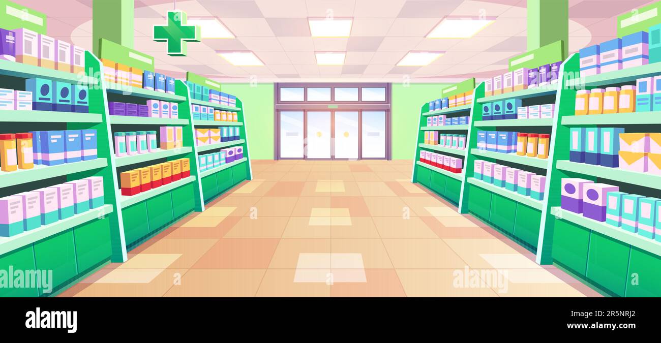 Pharmacy shelves with medical medicines. Cartoon. Vector illustration  6685039 Vector Art at Vecteezy