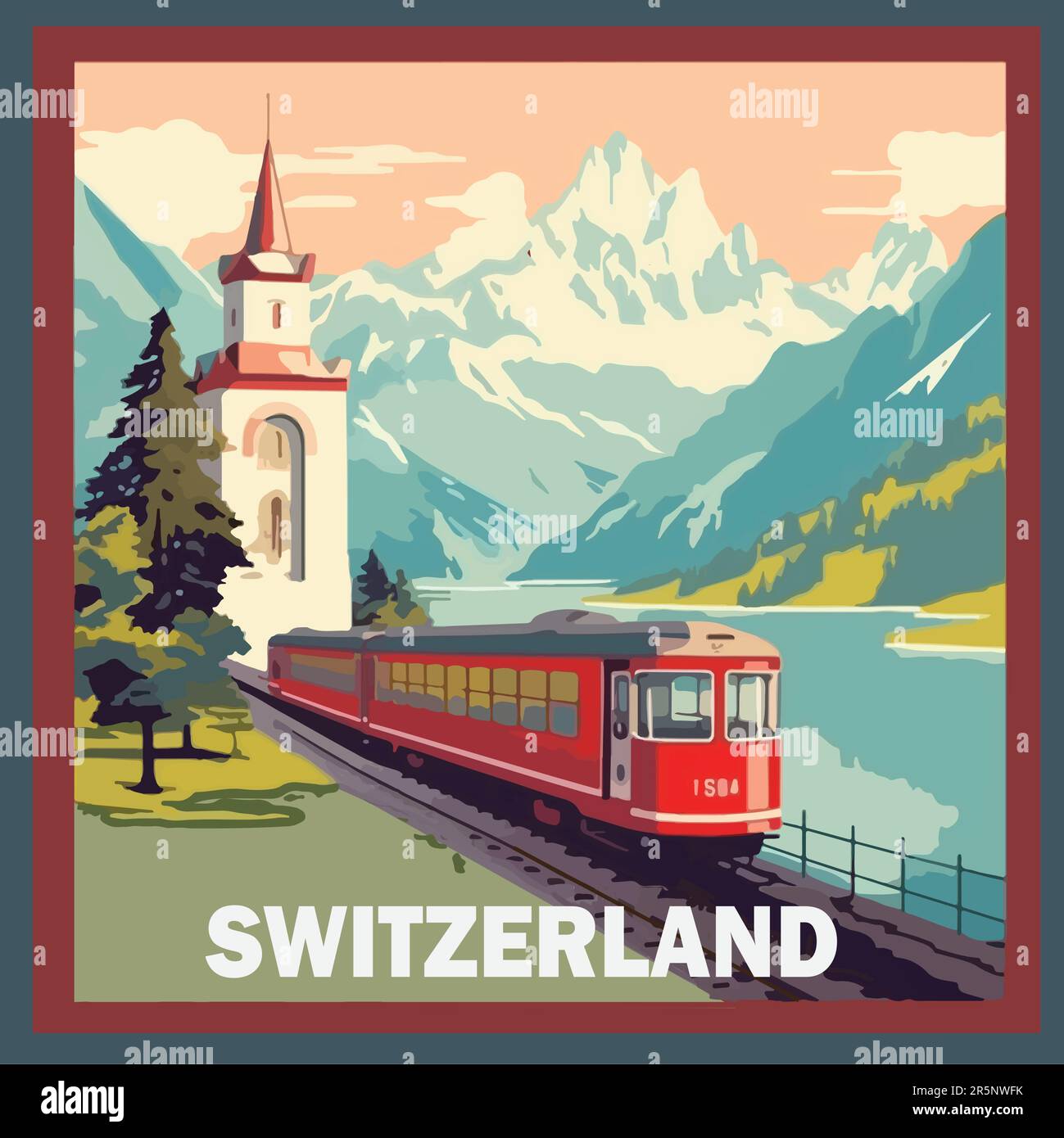 Vintage 1930s travel style poster for Switzerland, railway, Alps, scenic view Stock Vector