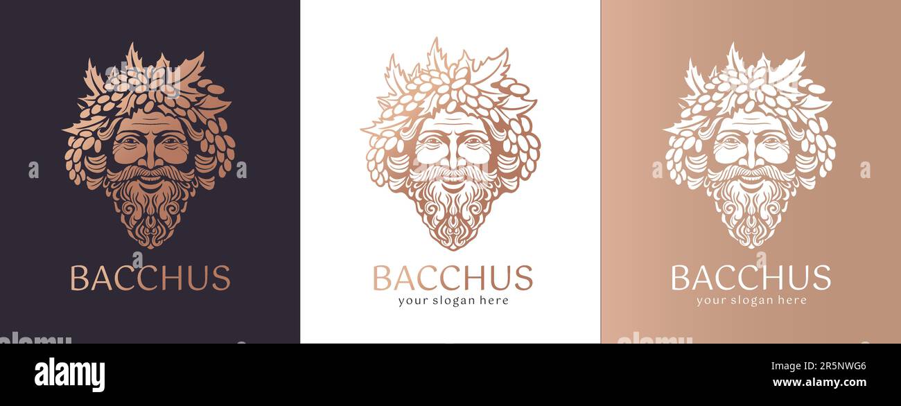 Logo Bacchus or Dionysus. Man face logo with grape berries and leaves. A style for winemakers or brewers. Sign for bar and restaurant. Modern logo Stock Vector
