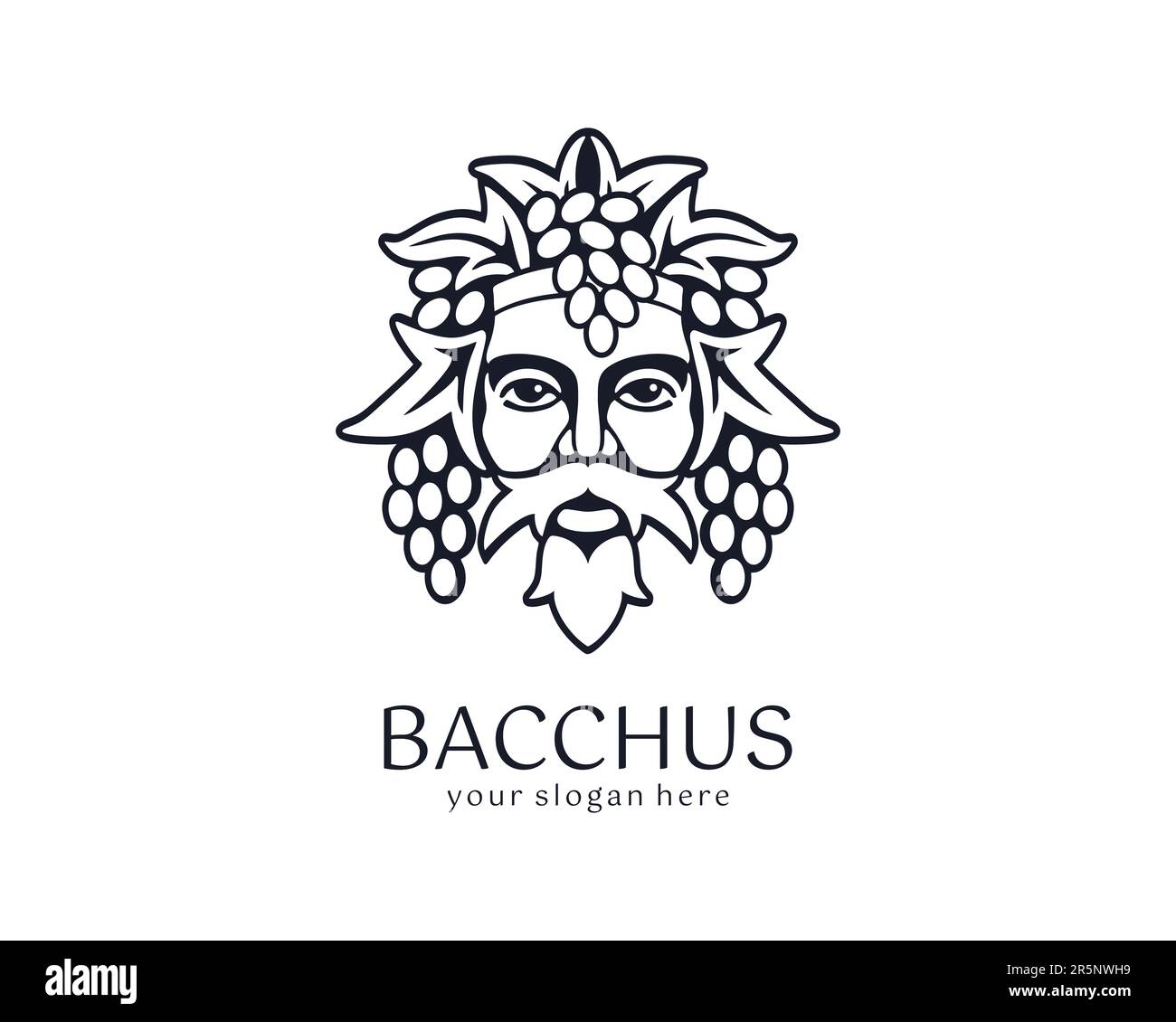 Logo Bacchus or Dionysus. Man face logo with grape berries and leaves