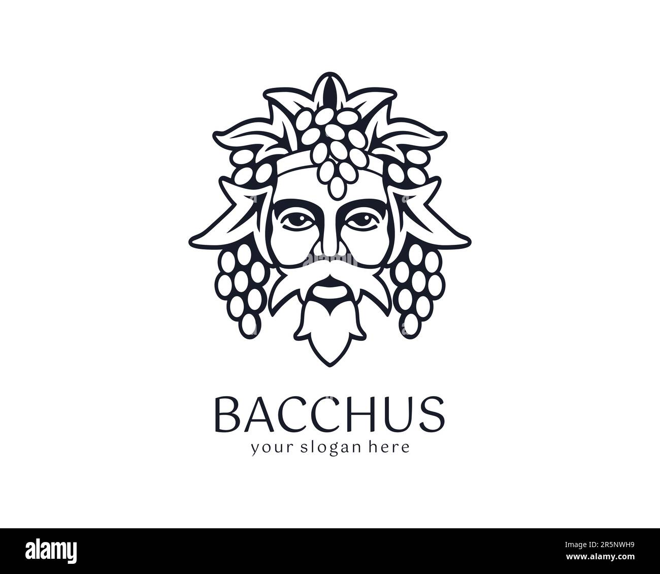 Logo Bacchus or Dionysus. Man face logo with grape berries and leaves. A style for winemakers or brewers. Sign for bar and restaurant. Modern logo Stock Vector