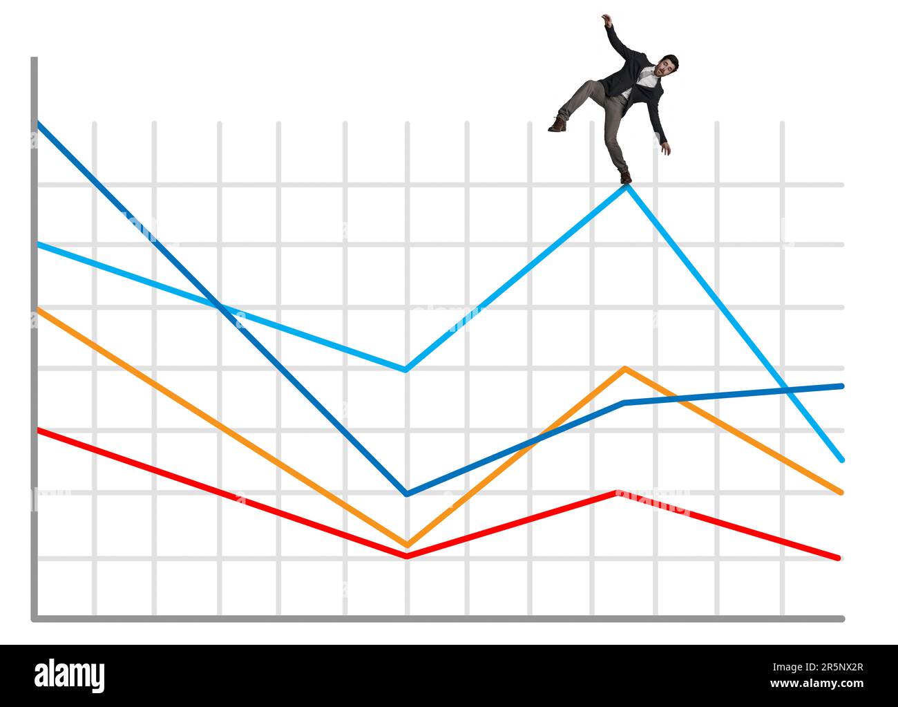 Stocks can fall as quickly as they rise. a businessman falling off a