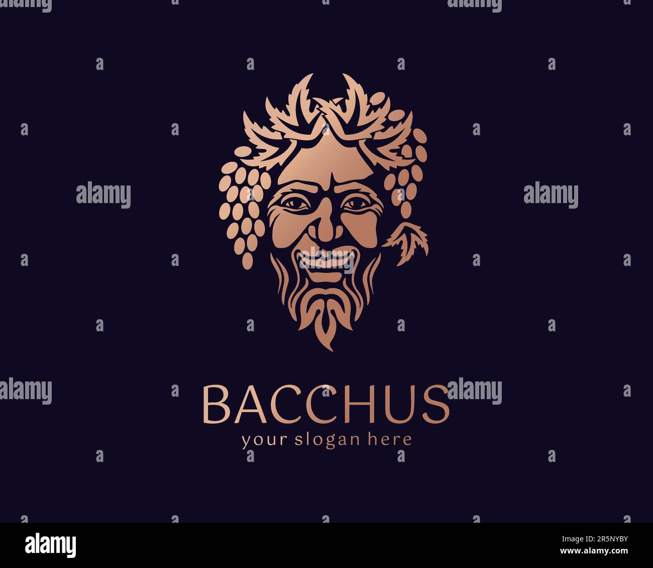Logo Bacchus or Dionysus. Man face logo with grape berries and leaves. A style for winemakers or brewers. Sign for bar and restaurant. Modern logo Stock Vector