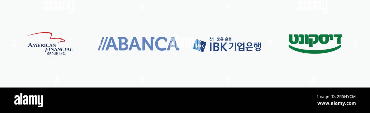 AMERICAN FINANCIAL GROUP logo, ABANCA logo, SRAEL DISCOUNT BANK logo, INDUSTRIAL BANK OF KOREA Logo, Editorial vector logo on white paper. Stock Vector