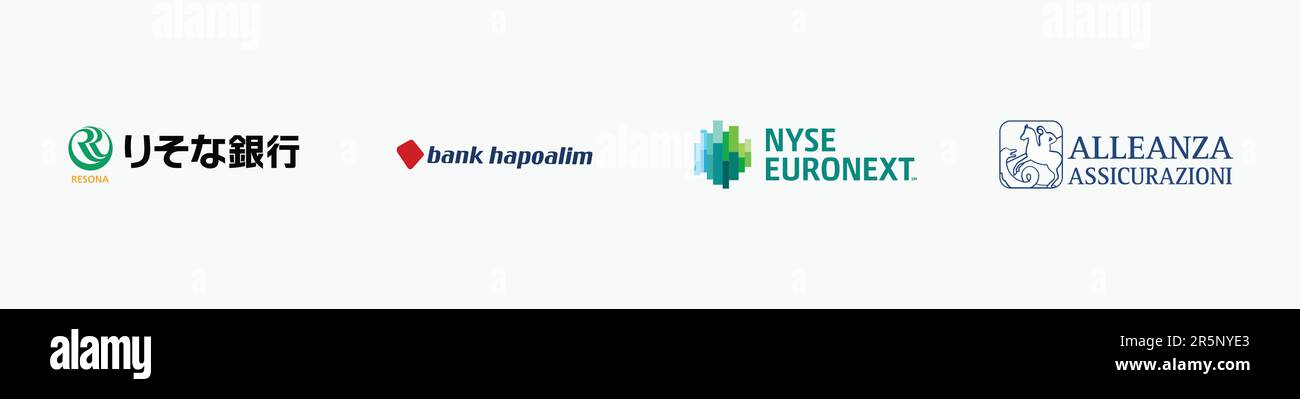 RESONA BANK logo, NYSE EURONEXT logo, BANK HAPOALIM logo, ALLEANZA ASSICURAZIONI Logo, Editorial vector logo on white paper. Stock Vector