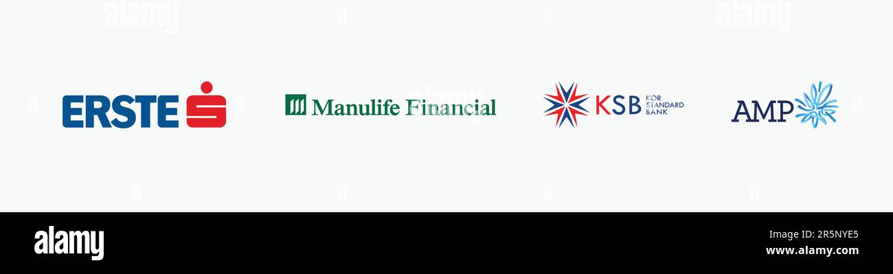 MANULIFE FINANCIAL logo, AMP logo, KOR STANDARD BANK logo, ERSTE GROUP Logo, Editorial vector logo on white paper. Stock Vector