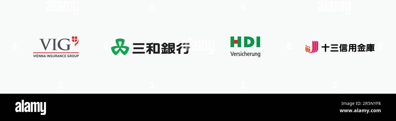 JUSO SHINKIN BANK logo, VIENNA INSURANCE GROUP logo, HDI VERSICHERUNG logo, SANWA BANK Logo, Editorial vector logo on white paper. Stock Vector