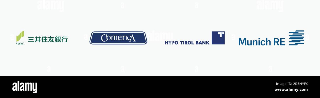 HYPO TIROL BANK logo, COMERICA logo, SUMITOMO MITSUI BANKING logo, MUNICH RE Logo, Editorial vector logo on white paper. Stock Vector