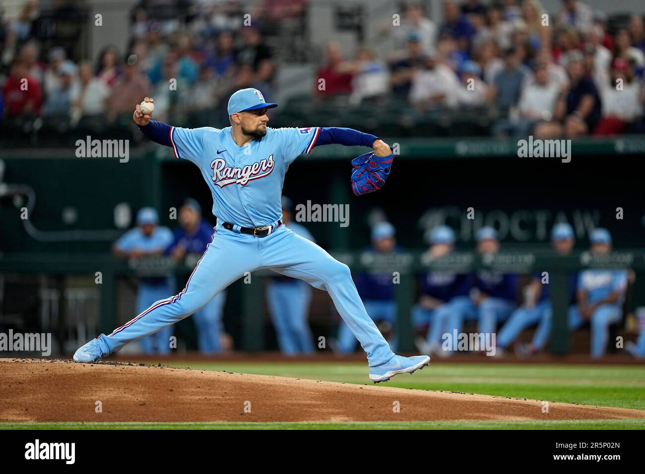 Texas Rangers starting pitcher Nathan Eovaldi throws to the Seattle