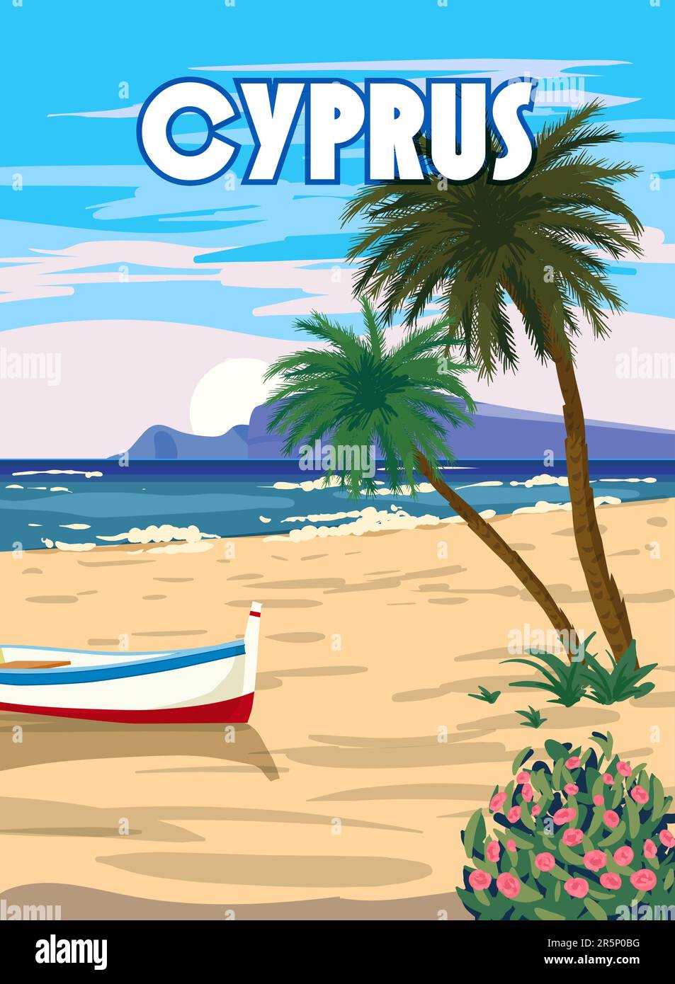 Cyprus Poster Travel, Greek seascape, beach, palms, boat, poster, Mediterranean landscape. Vintage style Stock Vector