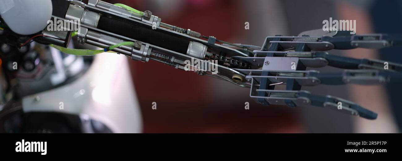 Future technology in black prosthetic hand closeup. Robotics and