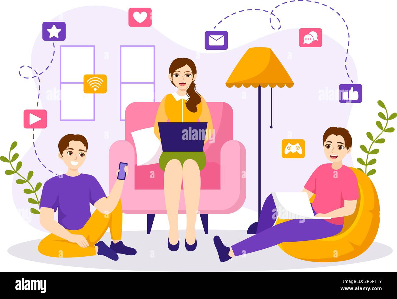 Internet Addiction Vector Illustration With Young People Addicted To
