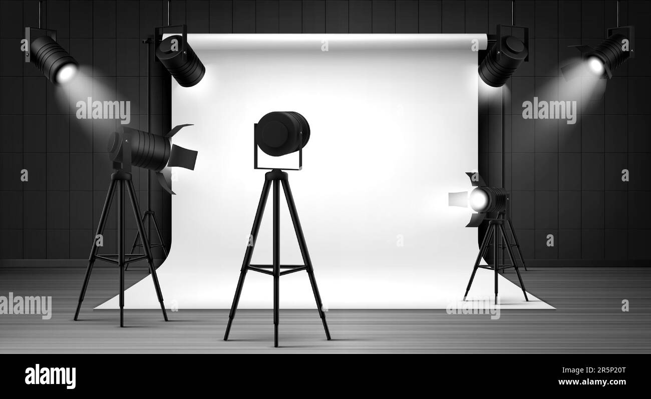 Photography studio interior with white paper background and spotlights. Vector realistic mockup of professional photo equipment in empty room, glowing floodlights on tripod and hanging Stock Vector