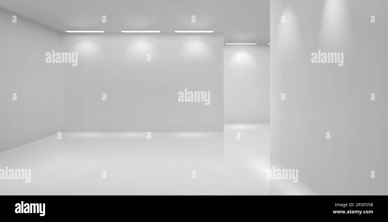 Art gallery empty 3d room with white walls, floor and illumination lamps. Museum interior passages with lights for pictures presentation, photography contest exhibition hall, Realistic vector mock up Stock Vector