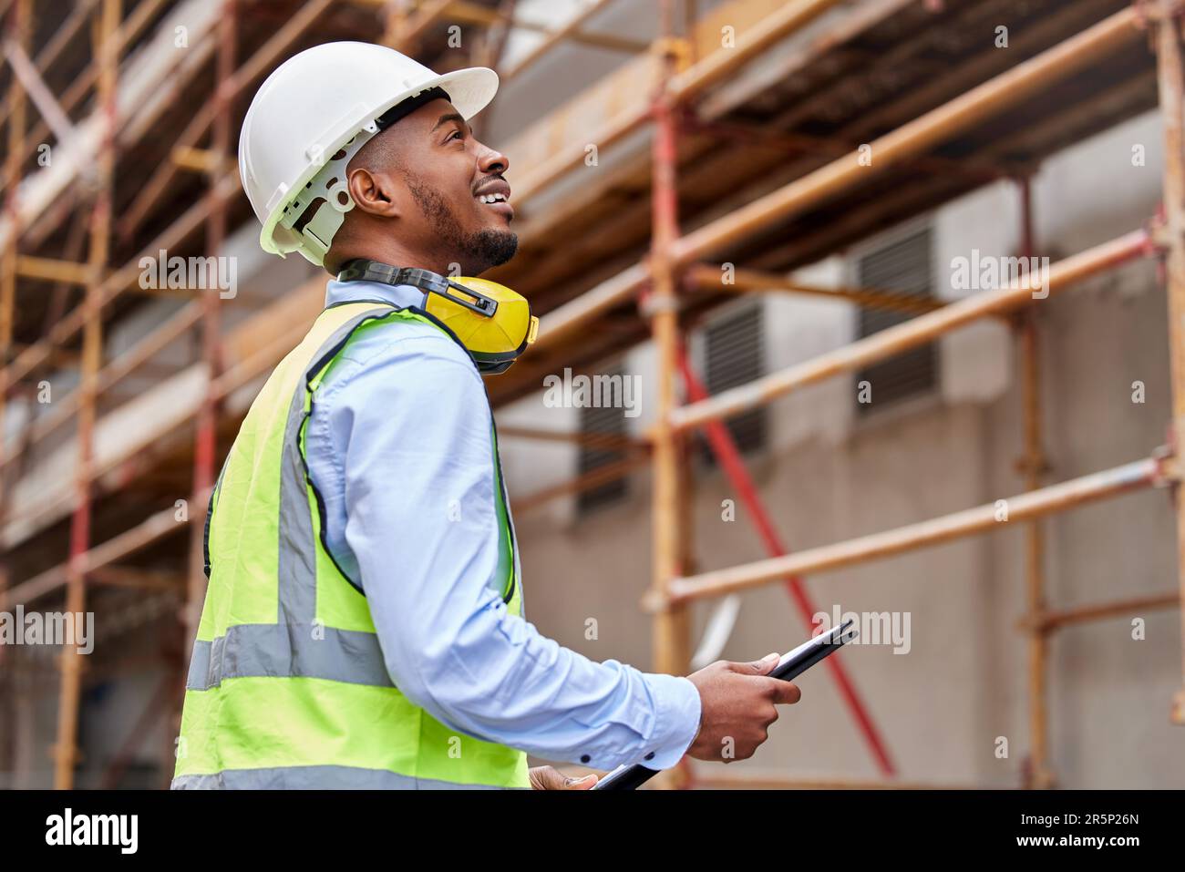 Architecture, inspection and checklist with black man on construction