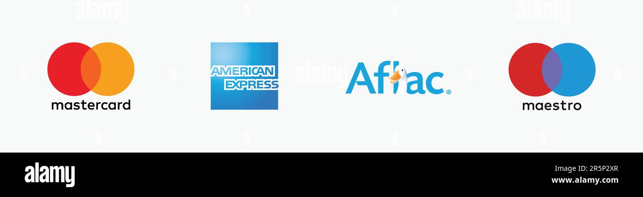 AFLAC logo, MASTERCARD logo, MAESTRO logo, AMERICAN EXPRESS Logo, Editorial vector logo on white paper. Stock Vector