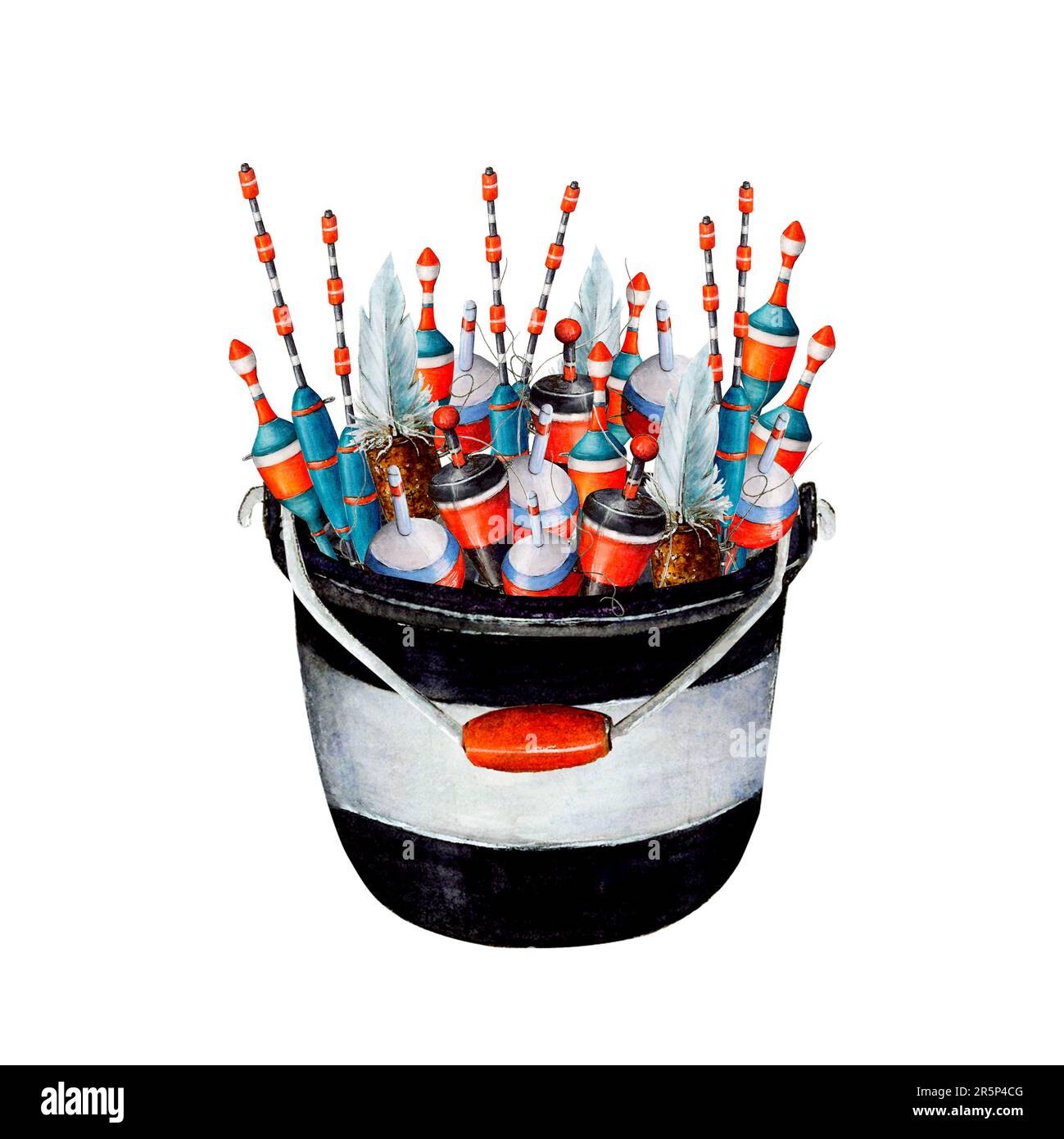 Watercolor drawing fishing bucket, black and white with red handle. Full of  various bobblers. Angling gear for wallpapers, logo, banners, icon, cards  Stock Photo - Alamy