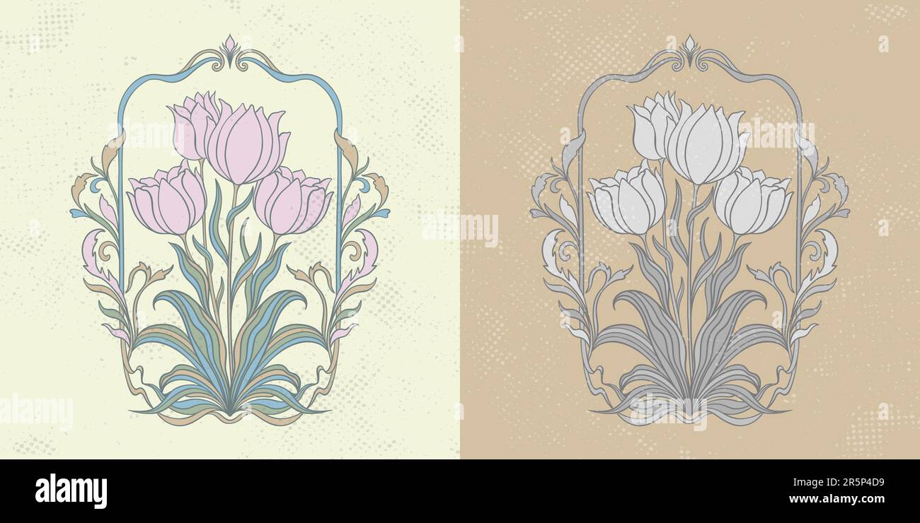 Frame with a tulip in the style of Art Nouveau. Beautiful vintage tulip floral composition 1920-1930 years. Stock Vector