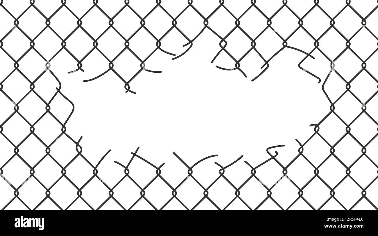 Broken wire mesh fence. Rabitz or chain link fence with cut hole. Torn