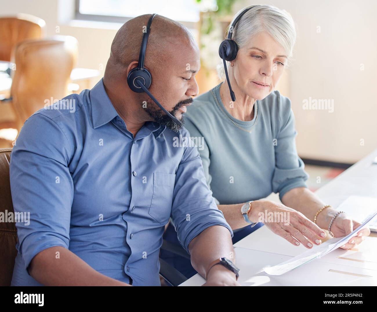 Team work, diversity and call center agents talk sales or black male ...