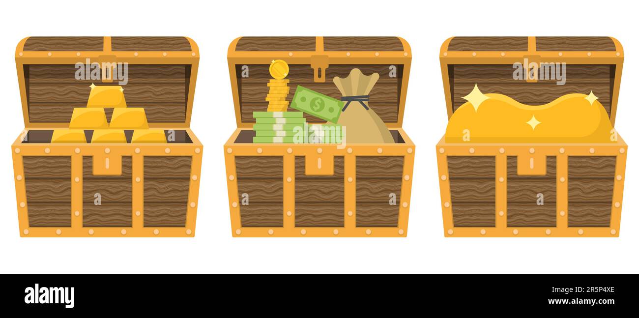 Cartoon treasure chests. Pile of money and a bag of coins. Wealth concept. Gold bars icon. Vector illustration. Eps 10. Stock Vector