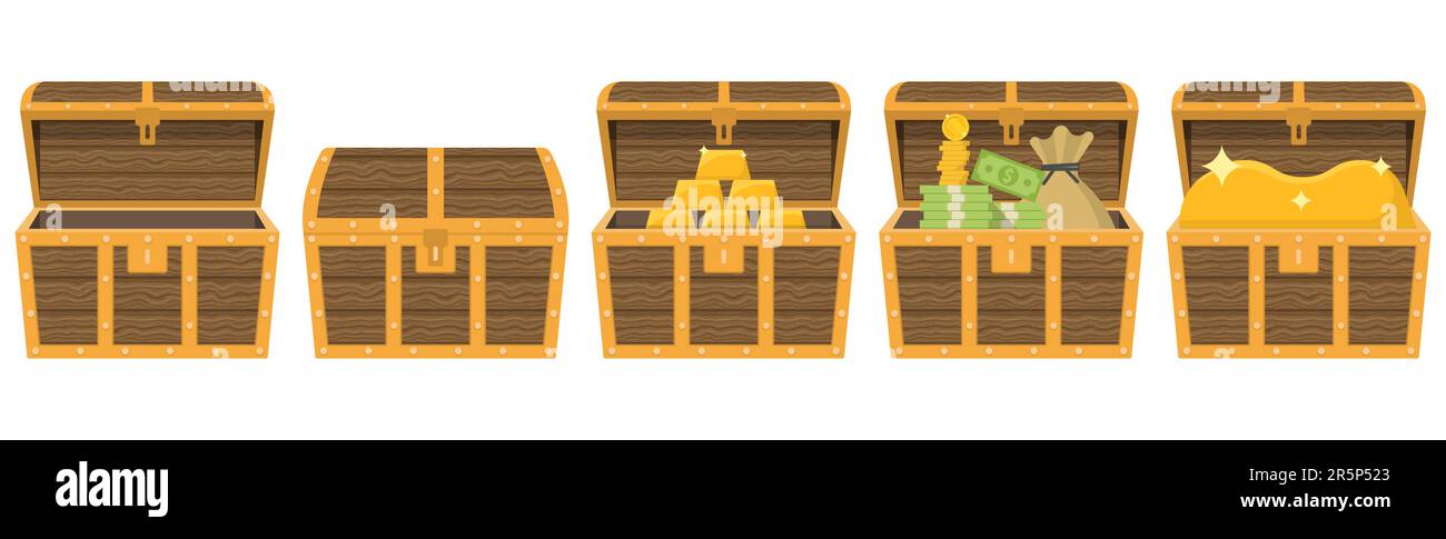 Chest animation. Empty treasure box, open and closed medieval ancient wooden cartoon chests. Pile of money and a bag of coins. Wealth concept. Gold ba Stock Vector