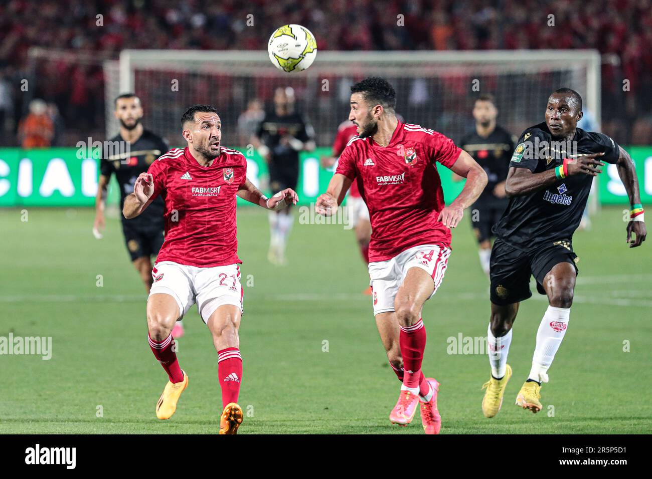 Cairo, Egypt. 4th June, 2023. Ali Maaloul (L) of Al Ahly vies for the ball during the Confederation of African Football (CAF) Champions League first-leg final match between Al Ahly of Egypt and Wydad Casablanca of Morocco in Cairo, Egypt, June 4, 2023. Credit: Ahmed Gomaa/Xinhua/Alamy Live News Stock Photo
