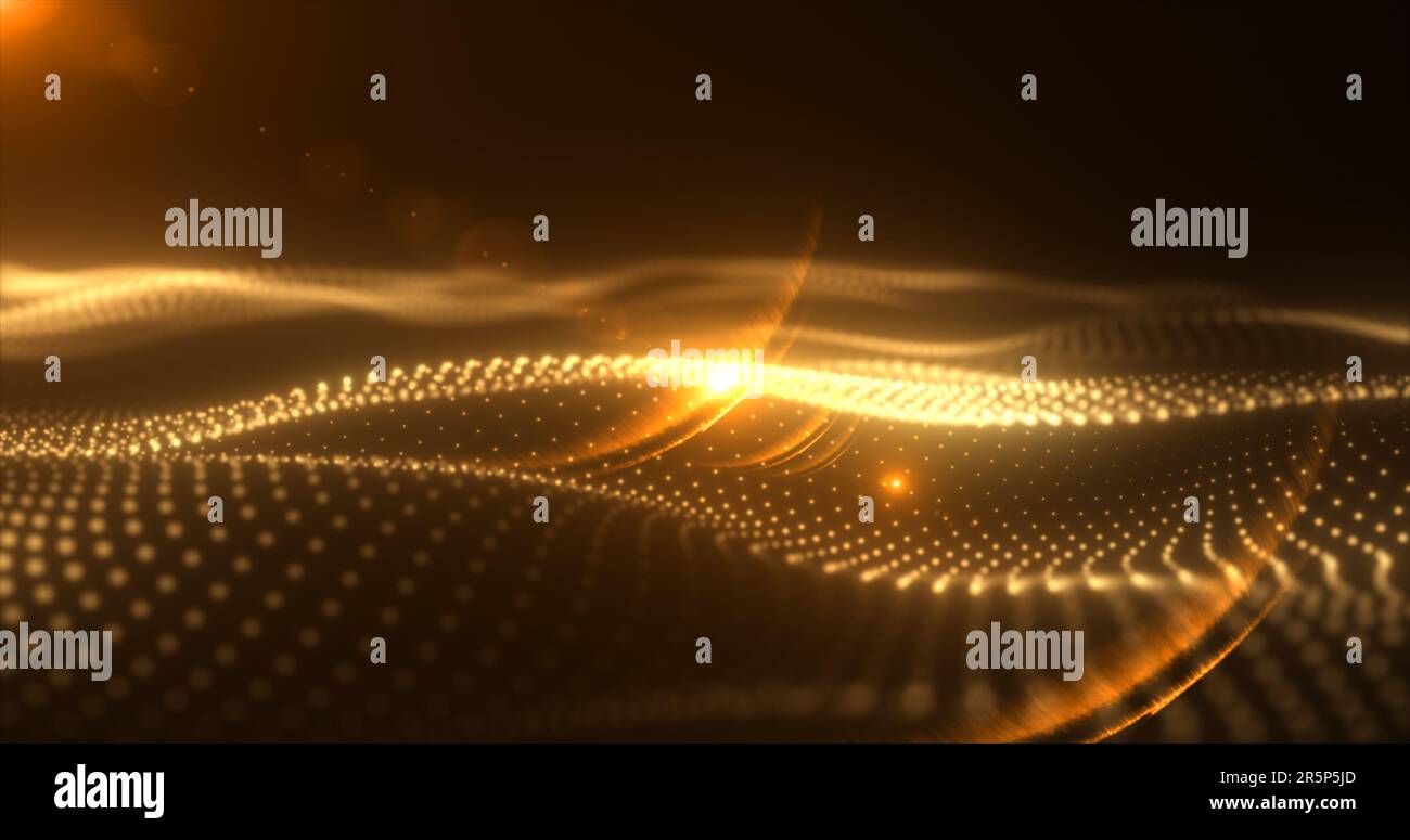 Abstract yellow orange glowing waves from particles and dots energy ...