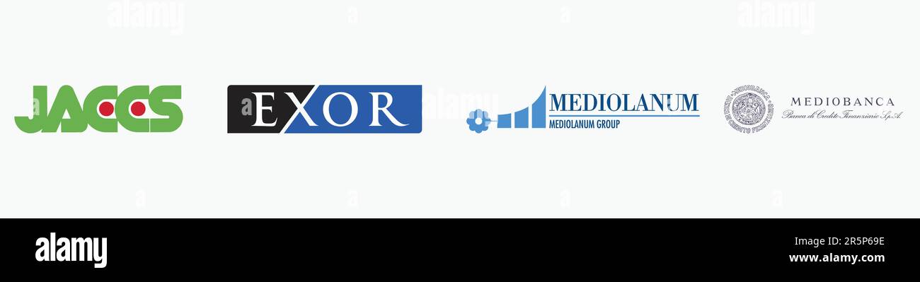 EXOR logo, JACCS logo, MEDIOBANCA logo, MEDIOLANUM Logo, Editorial vector logo on white paper. Stock Vector