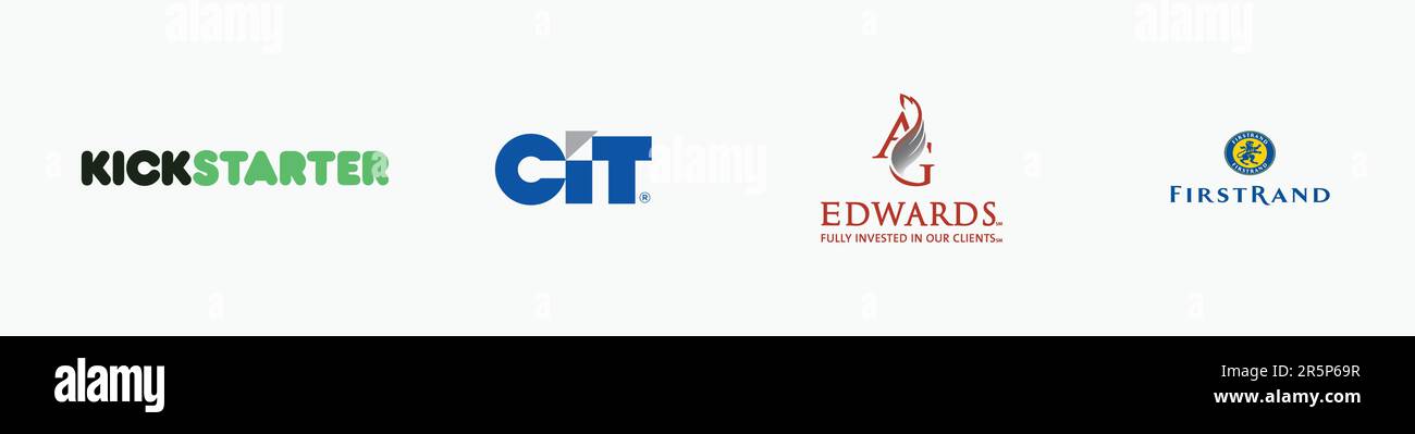 CIT GROUP logo, FIRSTRAND logo, AG EDWARDS logo, KICKSTARTER Logo, Editorial vector logo on white paper. Stock Vector