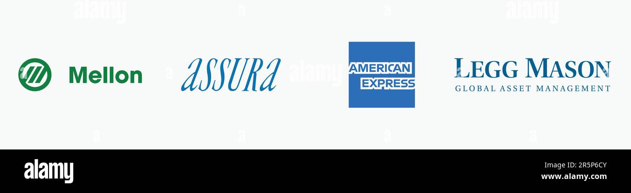 AMERICAN EXPRESS logo, MELLON logo, ASSURA logo, LEGG MASON Logo, Editorial vector logo on white paper. Stock Vector
