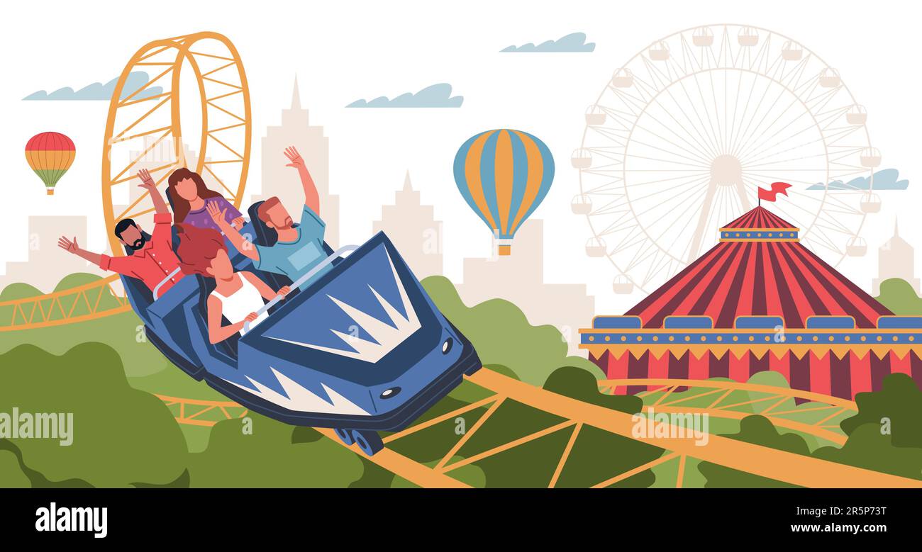 People ride in rollercoaster. Amusement park visitors in trailers ...
