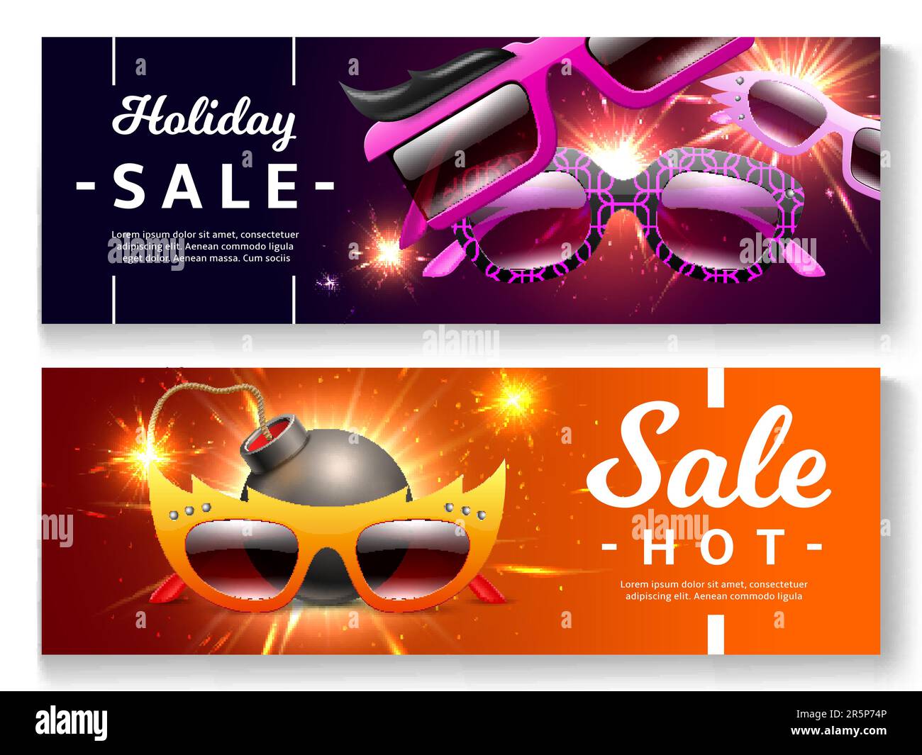 Sunglasses sale banners. Realistic glasses in funny frames, hot fashion  discounts and holiday offer, bomb with fuse and sparklers, color spectacles  Stock Vector Image & Art - Alamy
