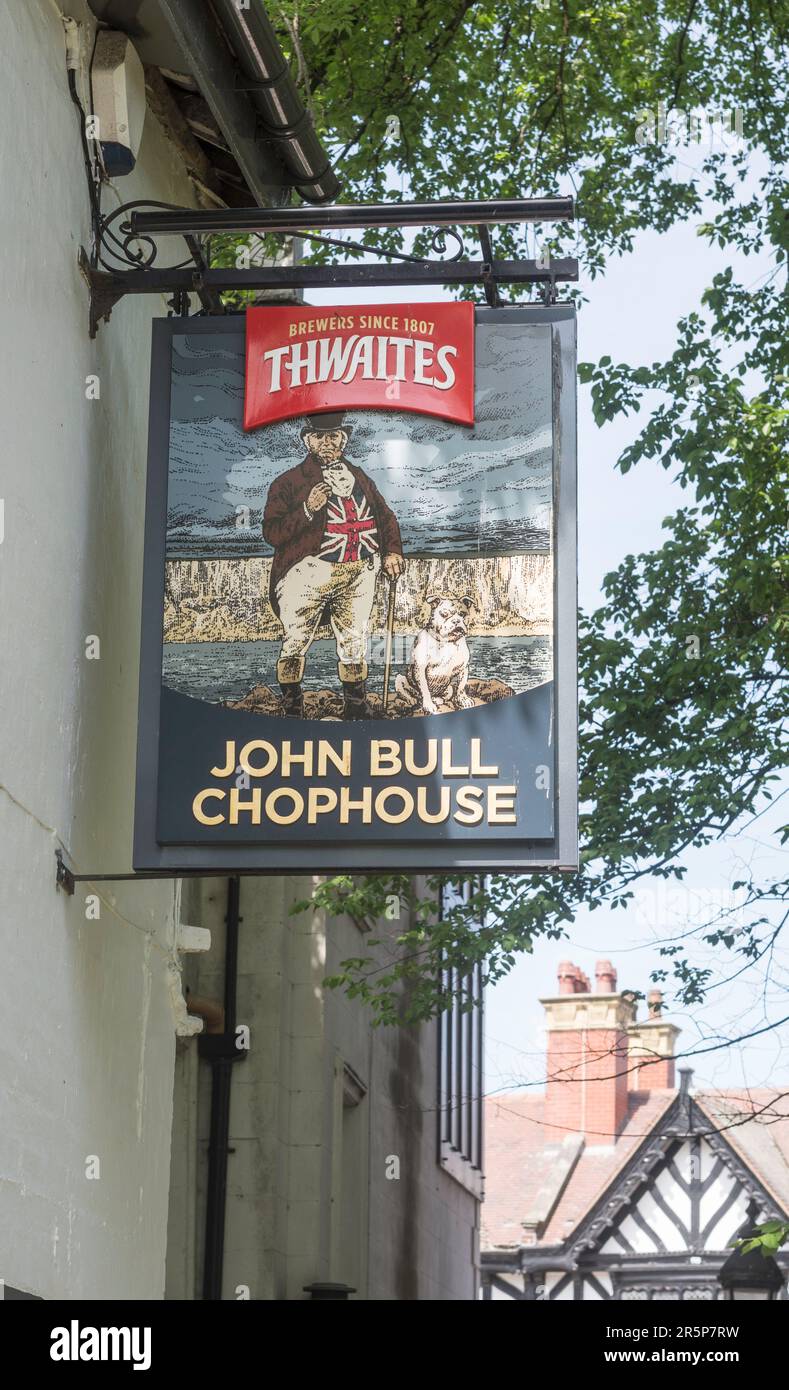 Thwaites pub sign, John Bull Chophouse, Wigan, Greater Manchester, England, UK Stock Photo